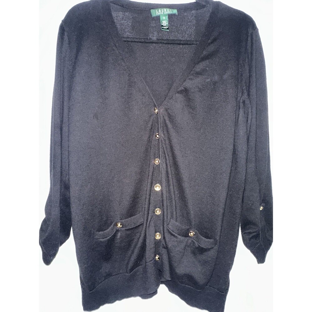 Vintage Ralph Lauren Gold Button Cardigan Sweater Women Plus Size 1X Pockets